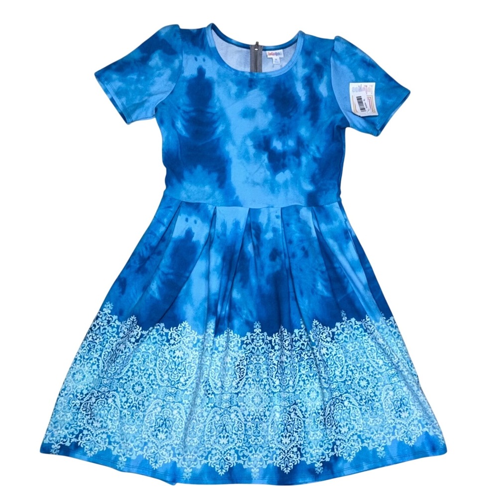 LuLaRoe Amelia Womens Dress XL Blue Tie Dye Damask Paisley Dipped Pleated NWT